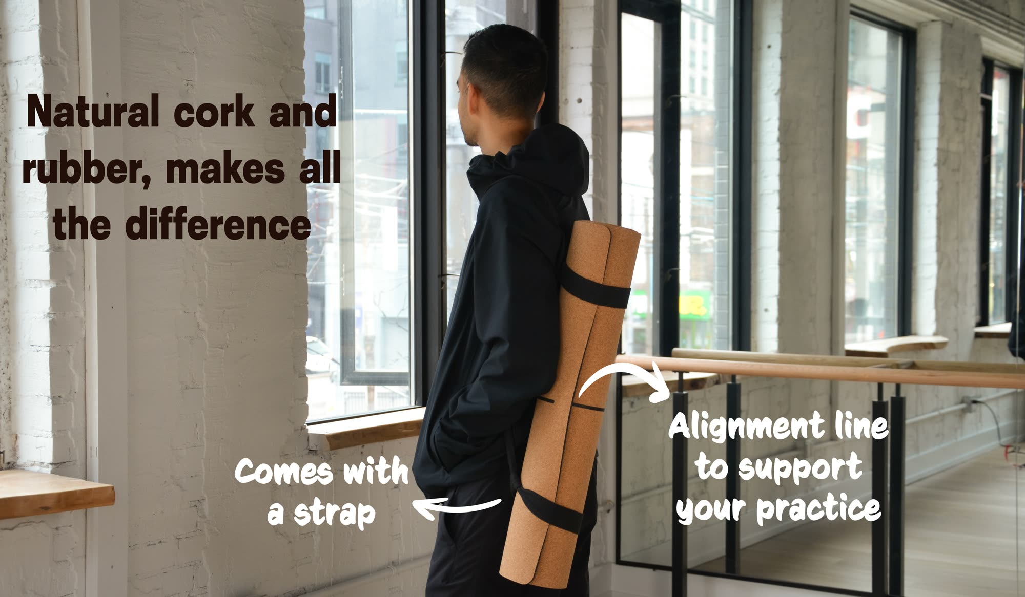 Natural cork and rubber makes all the difference. The mat comes with a strap and has an alignment line to support your practice.