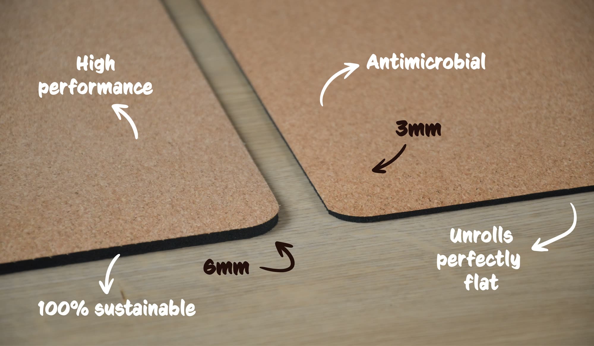 Cork yoga mats in 3mm and 6mm, labelled: high performance, antimicrobial, unrolls perfectly flat, 100% sustainable.