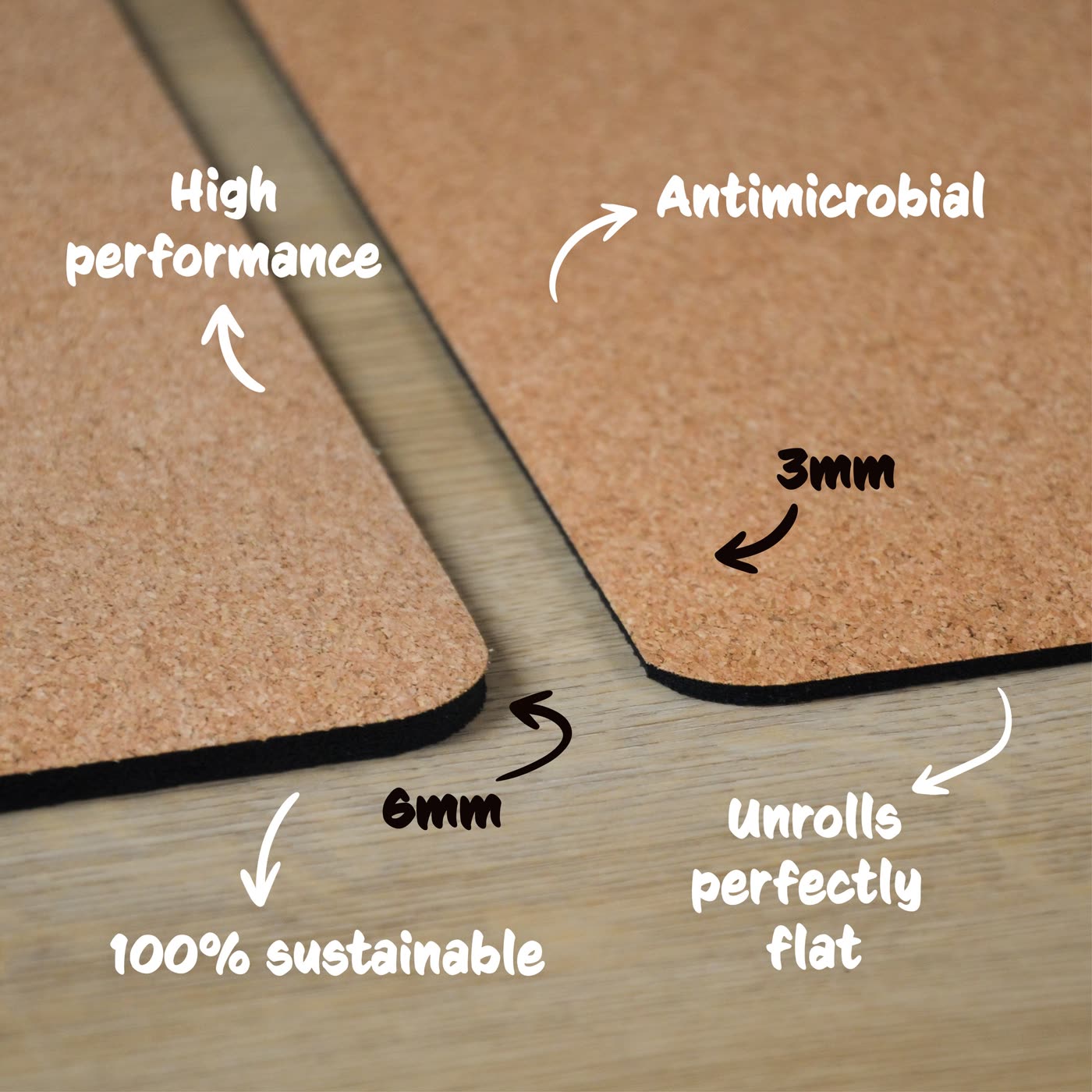 Cork yoga mats in 3mm and 6mm, labelled: high performance, antimicrobial, unrolls perfectly flat, 100% sustainable.